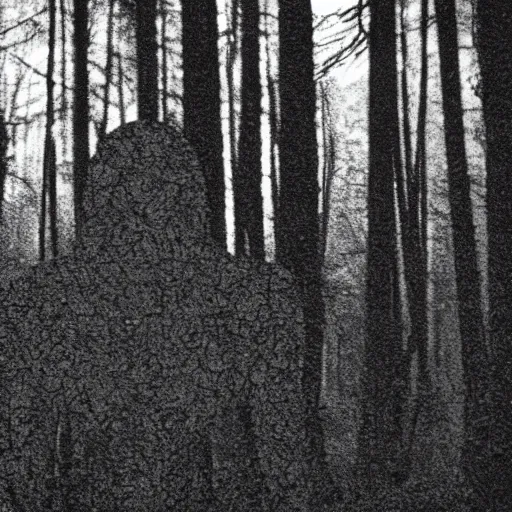 Image similar to grainy surveillance photo still of an alien in the woods at night hiding in the trees of a forest, low contrast, atmosphere, moonlight through trees