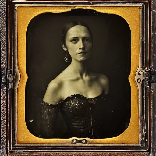 Image similar to old wetplate daguerreotype portrait of a beautiful woman, 3 0 years old, fractal, intricate, elegant, highly detailed, parallax, leica, medium format, subsurface scattering, by jheronimus bosch and greg rutkowski and louis jacques mande daguerre