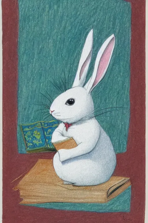 Prompt: drawing of white rabbit reading a book,Beatrix Potter, turquoise