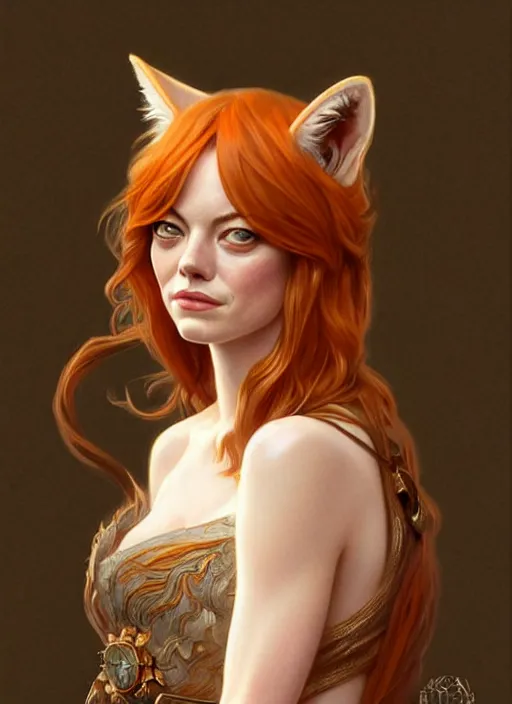 Prompt: portrait of emma stone as a fox, d & d, muscular, fantasy, intricate, elegant, highly detailed, digital painting, artstation, concept art, smooth, sharp focus, illustration, art by artgerm and greg rutkowski and alphonse mucha