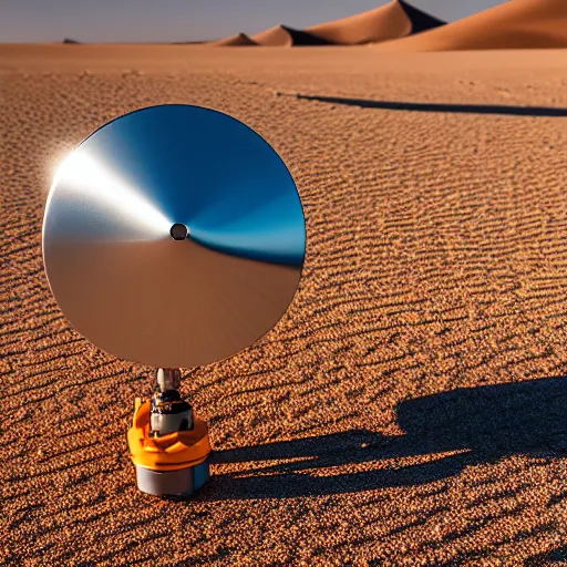 Image similar to cone shaped peaceful mobile biomimetic rugged anemometer station sensor antenna on all terrain tank wheels, for monitoring the australian desert, XF IQ4, 150MP, 50mm, F1.4, ISO 200, 1/160s, dawn, golden ratio, rule of thirds