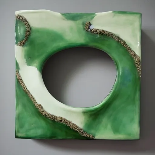 Image similar to a ceramic sculpture of some kind of plant in a glazed surreal abstract hand-crafted frame with imperfections with a white wall behind it and swirling green plants in the center by cleo sjolander