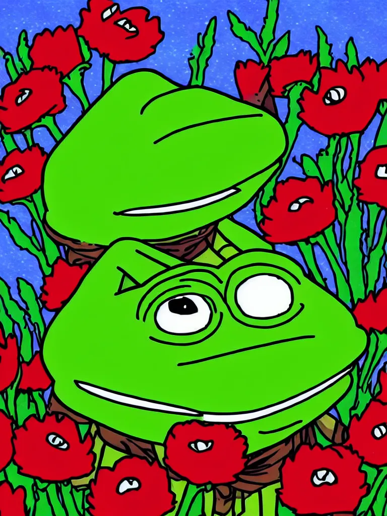 Prompt: resolution 4k hyper realistic film reel of pepe the frog red dead redemption 2 wandering army of pepe the frog a field of flowers a sunny day wholesome soft and warm picnic of breads and fruit sitting on a blanket pepe the frog. the sky is blue and filled with gods love the third rike will rise again hail pepe , rainbows of sweet angels art in the style of Tony DiTerlizzi , and Akihito Tsukushi