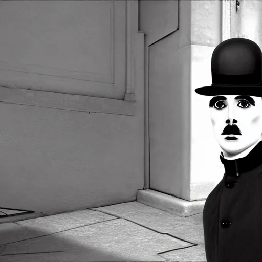 Image similar to charlie chaplin on the street, black and white color aesthetic, highly detailed, photorealistic portrait, bright studio setting, studio lighting, crisp quality and light reflections, unreal engine 5 quality render
