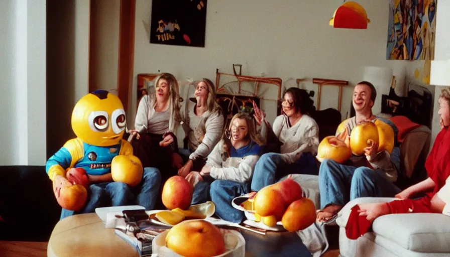 Prompt: 1990s candid photo of a beautiful day in the living room, cinematic lighting, cinematic look, golden hour, large costumed mascot business fruit people giving spaceship presentations to families, Enormous personified business fruit people with outstandingly happy faces coming out of a portal and talking to families about space and planets, UHD