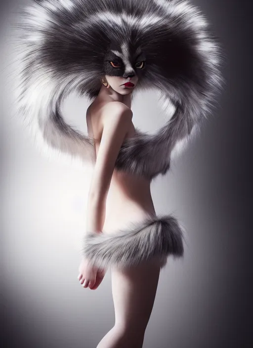Image similar to full body environmental portrait photo of dressed anya taylor - joy as catgirl, headpiece made from fur, glamour shot by gemmy woud - binnendijk, chris knight, photorealistic, canon r 3, fashion photography, elegant, luxury and elite, symmetry, octane render, unreal engine, solid dark grey background, dramatic lights, high fashion journal cover