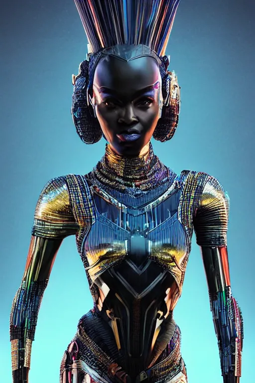 Prompt: full body portrait of the African Android Queen, by DC comics and Sandra Chevrier and beeple, artstation, volumetric lighting, hyperrealism, futuristic royalty, strong and muscular, award winning costume design, cybernetic cyborg, fashion show runway, futuristic fine textures, woven with electricity, high fashion superpowers, wakanda, 4k UHD, 35mm