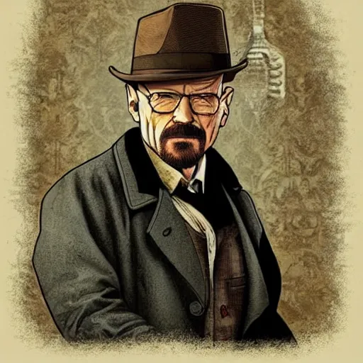 Prompt: walter white as a detective like sherlock holmes, vintage art style, ultrarealistic