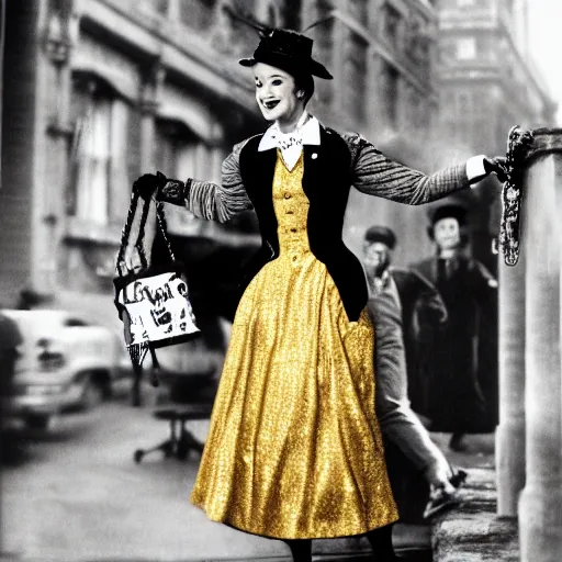 Image similar to Mary Poppins as a Gangsta rapper wearing excessive golden jewelry in the city, publicity photograph