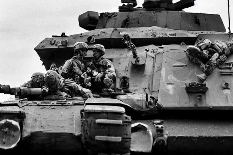 Image similar to soldiers relaxing on a tank, cinematography by Roger Deakins