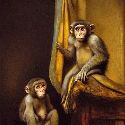 Prompt: a monkey in blanket fantasy painting Rembrandt