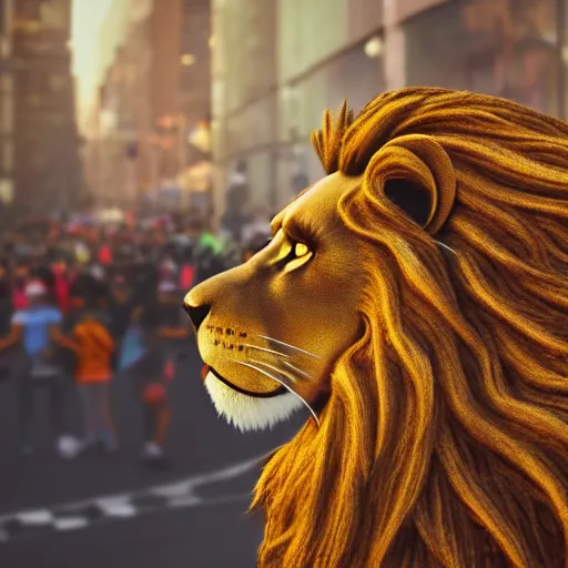 Image similar to scene of an anthropomorphic lion at a protest movement exquisite detail lion in hippie clothes, Streetwear, hippie fashion, protest movement, trending on artstation, bokeh, incredible detail, Mucha, Graeme Base, 8k detail, gi, global illumination, physically based rendering, photoreal, small details, intricate complexity