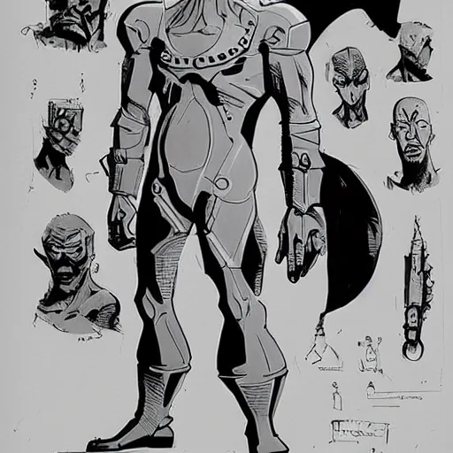 Prompt: concept art, stylized, super exaggerated proportions, concept design, male, science fiction suit, by mike mignola