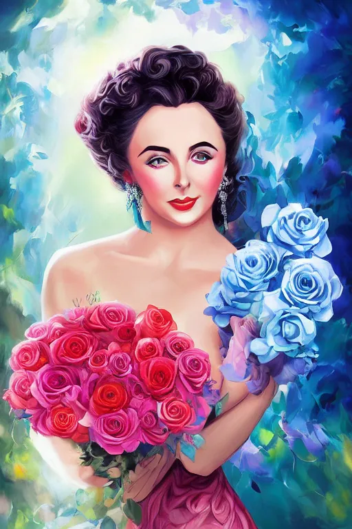 Prompt: beautiful digital painting elizabeth taylor and blue roses and rubies, by Georgia O\'Keeffe, Carmelo Blandino, Cyril Rolando, artstation, Behance, 4K,