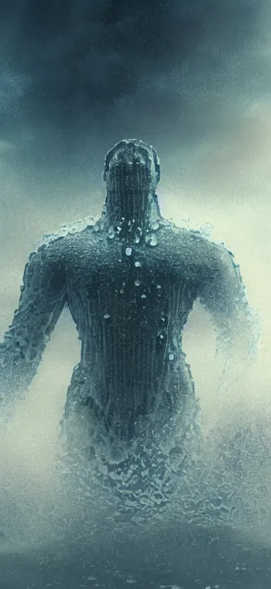 Image similar to humanoid colossus made of water, made of liquid, rising up from ocean, water armor, high detail, high contrast, close up portrait, studio lighting, stormy seas, beautiful, bokeh, snowy, storm clouds, god rays, d & d, fantasy, elegant, aquamarine color palette, concept art, roger deakins and greg rutkowski and alphonse mucha