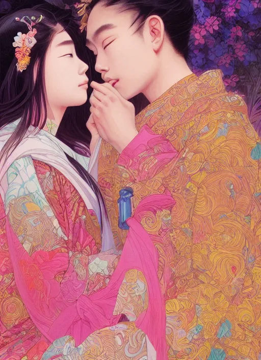 Prompt: beautiful young Asian lovers, gorgeous faces, sad eyes, tears, vaporwave aesthetic, synthwave, colorful, intricate, elegant, long beautiful flowing kimono, highly detailed, digital painting, artstation, concept art, smooth, sharp focus, illustration, art by artgerm and greg rutkowski and alphonse mucha