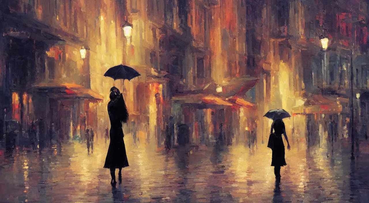 Image similar to evening city scene with young woman with umbrella. beautiful use of light and shadow to create a sense of depth and movement. uses energetic brushwork and a limited color palette, providing a distinctive look and expressive quality in a rhythmic composition