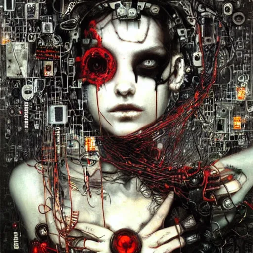 Image similar to depraved cybernetic vampire trapped in circuitry, intricate detail, miro, royo, whealan, klimt,