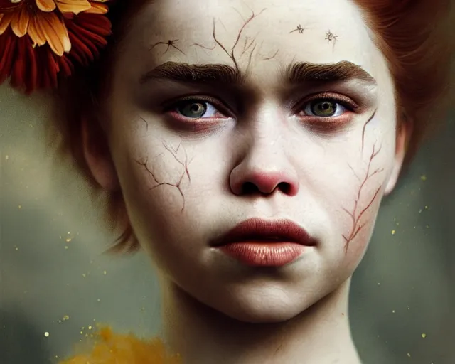 Prompt: 5 5 mm portrait photo of young redhead short hair emilia clarke with flower face paint, gold atmosphere. art by greg rutkowski. highly detailed 8 k. intricate. lifelike. soft light. nikon d 8 5 0.