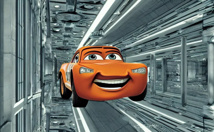 Image similar to mater from cars in a mirrored fractal hallway, romance novel cover, in 1 9 9 5, y 2 k cybercore, industrial photography, still from a ridley scott movie