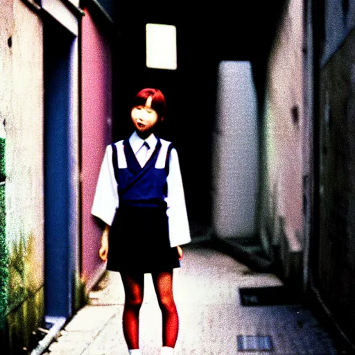 Image similar to 1990s perfect 8K HD professional cinematic photo of a japanese schoolgirl, in sci-fi alleyway at evening, at instagram, Behance, Adobe Lightroom, with instagram filters, depth of field, taken with polaroid kodak portra