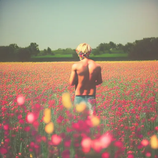 Image similar to kodak colorplus 2 0 0 photograph of a skinny blonde guy standing in a field of flowers, flower crown, back view, grain, moody lighting, telephoto, 9 0 s vibe, blurry background, vaporwave colors!, faded!,