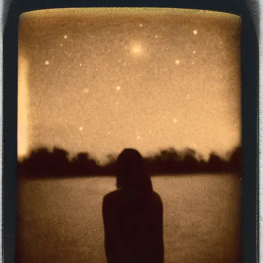 Prompt: an aged polaroid photo of a young woman seen from behind, night, the galaxy is visible in the sky, detailed clouds, warm azure and red tones, film grain, color bleed