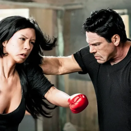 Image similar to black haired woman punching a bad guy in a movie, realistic, highly detailed