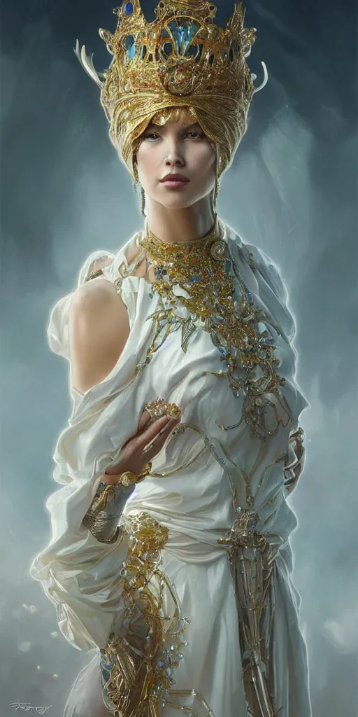 Image similar to a realistic liquid queen with a decorated dress made of white pearls , highly detailed, digital painting, Trending on artstation , HD quality, by artgerm and greg rutkowski and alphonse mucha, dramatic light, octane