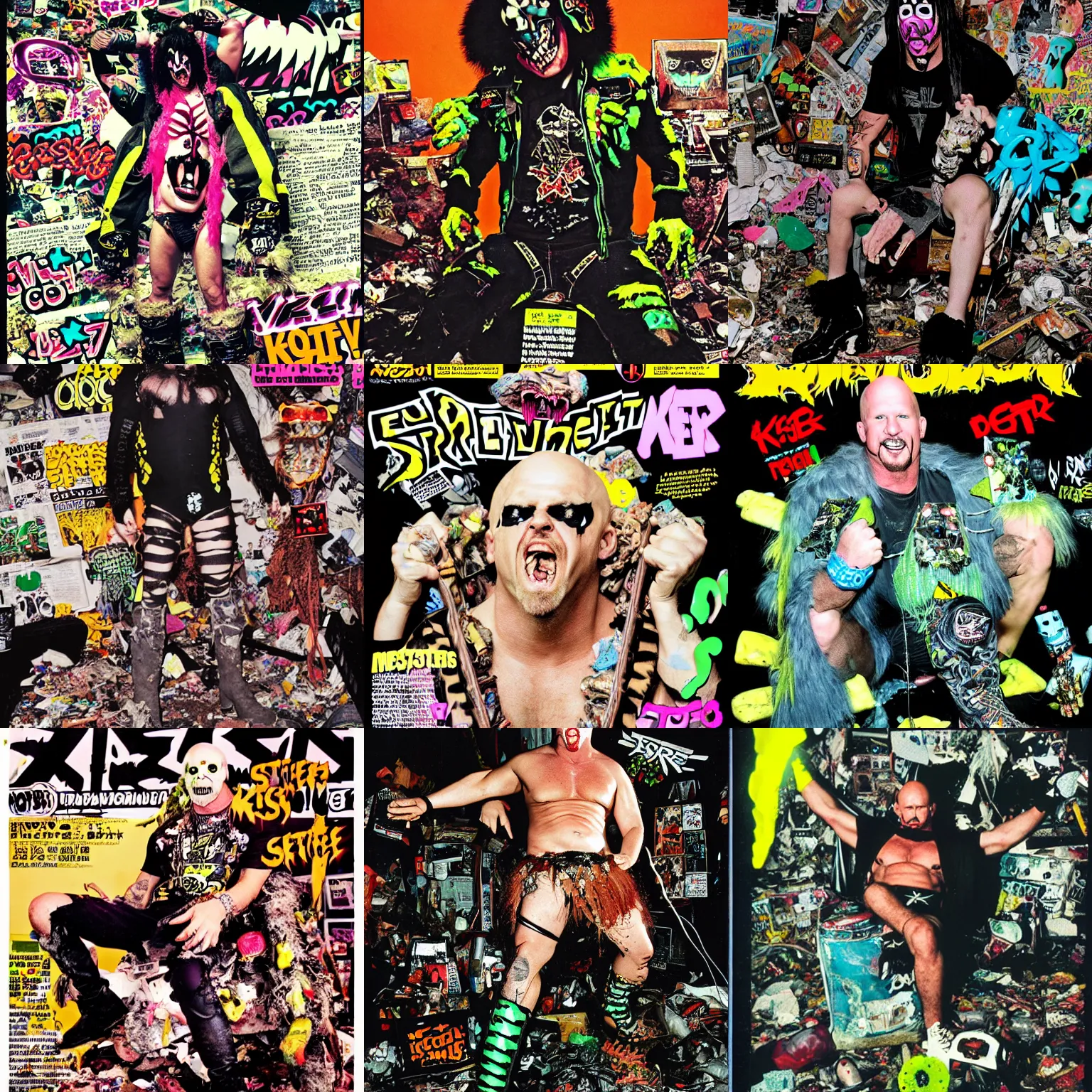 Prompt: photo of Stone Cold Steve Austin wearing ripped up dirty Swear kiss monster teeth yeti platform boots in the style of Rammellzee Garbage Gods in the style of 1990's FRUiTS magazine 20471120 in japan in a dirty dark dark dark poorly lit bedroom full of trash and garbage server racks and cables everywhere in the style of Juergen Teller in the style of Shoichi Aoki, japanese street fashion, KEROUAC magazine, magazine 1990's, Vivienne Westwood, y2K aesthetic