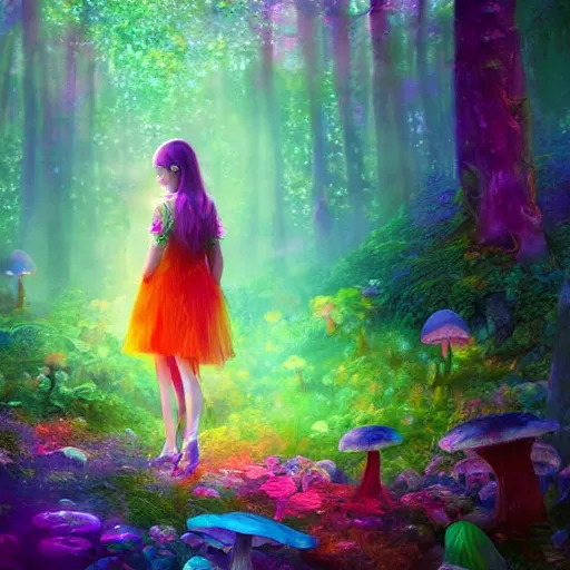 Prompt: a beautiful young girl in a colorful dress in a magical forest, surrounded by psychedelic mushrooms, trending on artstation, highly detailed, volumetric lighting, digital painting, concept art,