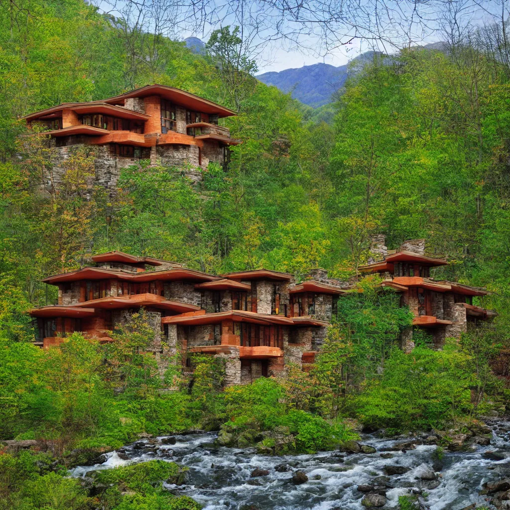 Prompt: green spring mountain athmosphere with beautiful forest permeated by a magical river showing a multistory house in the architect style of frank loyd wright made out of natural stone bricks from the distance with mythical european mountains in the background, artstudio, colorful in the art style of kerry milligan