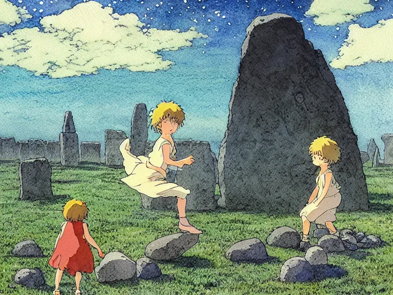 Prompt: a simple watercolor studio ghibli movie still fantasy concept art of a giant kid playing with stones like they are toys in stonehenge. it is a misty starry night. by rebecca guay, michael kaluta, charles vess