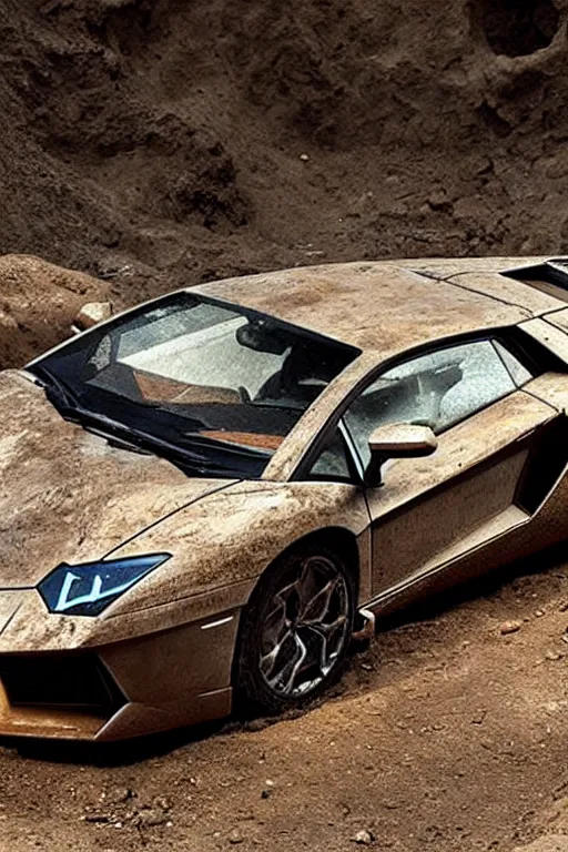 Image similar to Fossilized Lamborghini Aventador found in ancient archeological dig, national geographic photo.