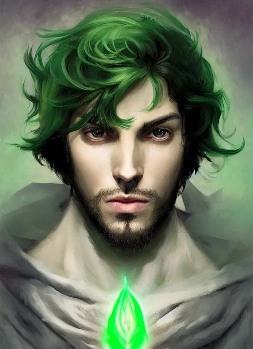 Image similar to character concept portrait of an extremely handsome young Spanish wizard with green eyes and powder-green skin conjuring a cosmic spell, a floating iridescent spell book in the center, intricate, elegant, digital painting, concept art, smooth, sharp focus, illustration, from Metal Gear, by Ruan Jia and Mandy Jurgens and William-Adolphe Bouguereau, Artgerm