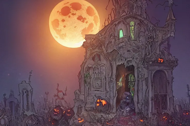 Image similar to an ultra detailed animation of a cartoon halloween zombie hand in a graveyard at midnight on halloween, digital art, dark fantasy, concept art, soulslike, by alphonse mucha, blood moon eclipse, ruined building in the background, artstation, 8 k, unreal engine render