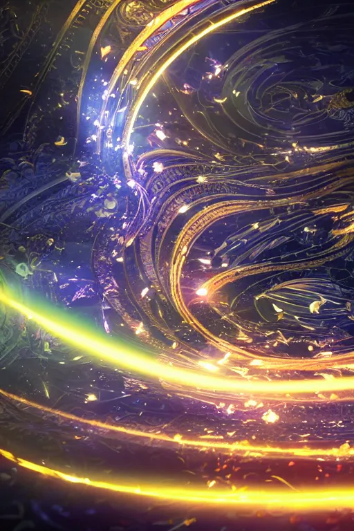 Image similar to swirling light streaks and ornate flowing light streams and intricate particle effects, unreal engine