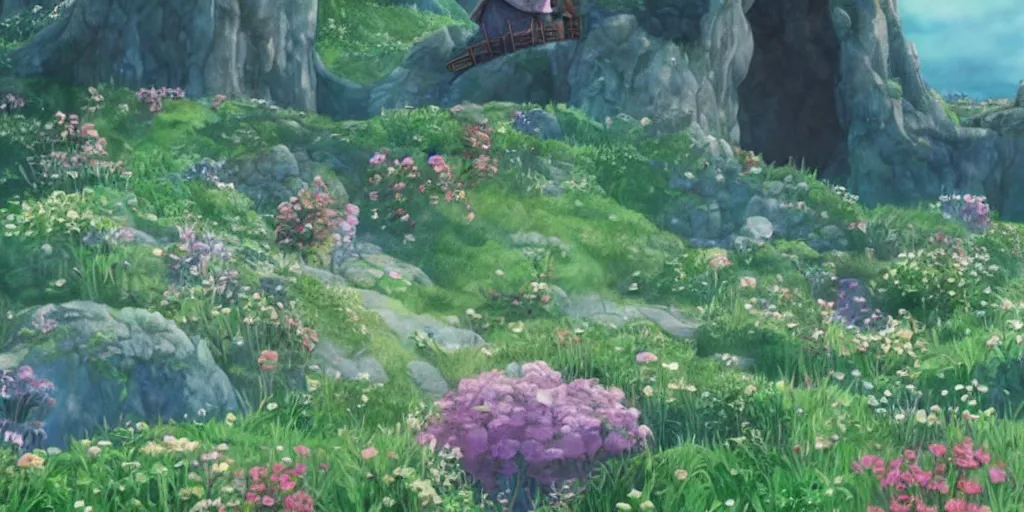 Image similar to a film still from howl's moving castle!!!!! of hobbiton, light bloom, studio ghibli!!!!!