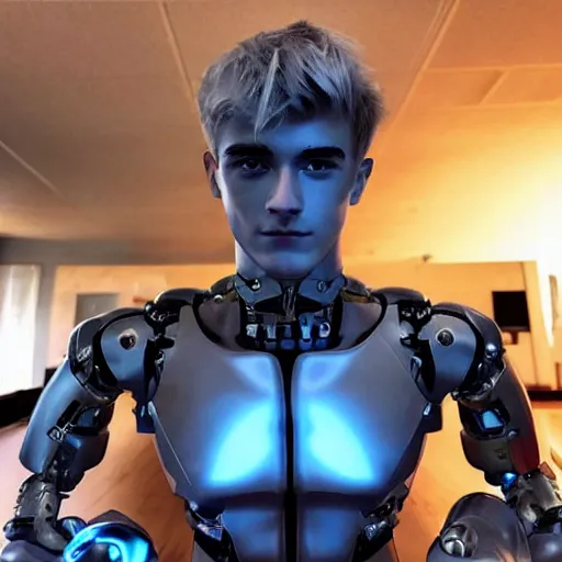 Image similar to “a realistic detailed photo of a guy who is an attractive humanoid who is half robot and half humanoid, who is a male android, twitch streamer Ninja Tyler Blevins, shiny skin, posing like a statue, blank stare, gaming room, close up”