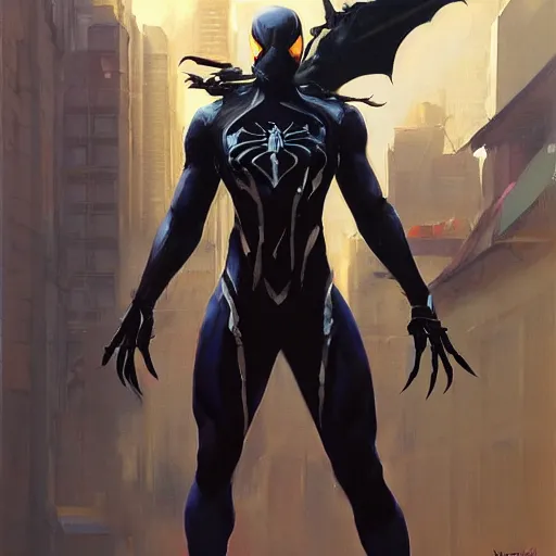 Image similar to greg manchess portrait painting of a dark venomous iron spiderman as overwatch character, medium shot, asymmetrical, profile picture, organic painting, sunny day, matte painting, bold shapes, hard edges, street art, trending on artstation, by huang guangjian, gil elvgren, ruan jia, greg rutkowski, gaston bussiere