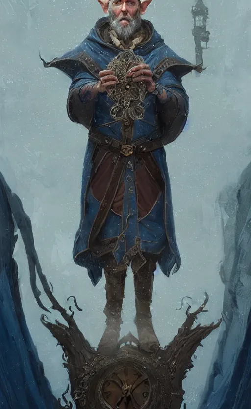 Image similar to portrait of a middle aged elf with a long beard, dressed in a blue cloak with clock iconography, brown hair, raised hand, detailed face, fantasy, highly detailed, cinematic lighting, digital art painting by greg rutkowski