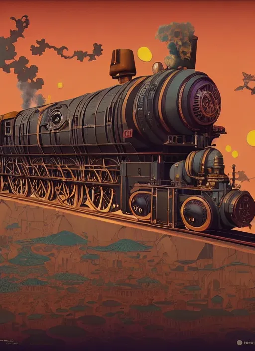 Prompt: a steampunk train by paolo eleuteri serpieri and tomer hanuka and chesley bonestell and daniel merriam and tomokazu matsuyama, unreal engine, high resolution render, featured on artstation, octane, 8 k, highly intricate details, vivid colors, vector illustration