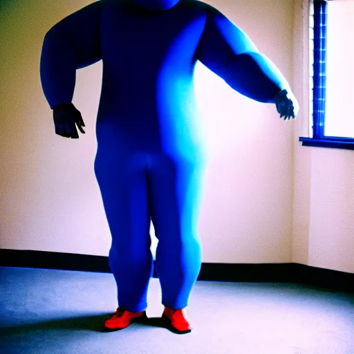 Image similar to a spherical man in a blue morphsuit waddling across the room, 3 5 mm, film shot