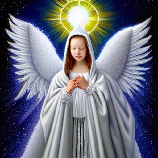 Image similar to beautiful high details hyper realistic painting of white angel in the hood coming from space with giant ball of miracle light from the chest!!!!!, 4 k hd face!!!, big fur silver holographic wings, by jan van eyck, holography space, white sparkles everywhere, thin strokes, high textures, silver background