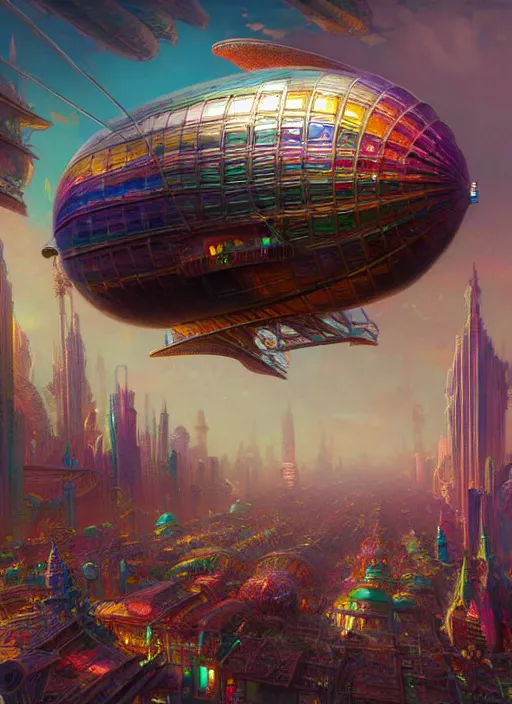 Image similar to hyper detailed ultra sharp of a colorful bubblepunk steampunk overcrowded city airship. trending on artstation, warpaint aesthetic, earthwave, colorful, psychedelic, ornate, intricate, digital painting, concept art, smooth, sharp focus, illustration, art by artgerm and greg rutkowski and h. r. giger, 8 k