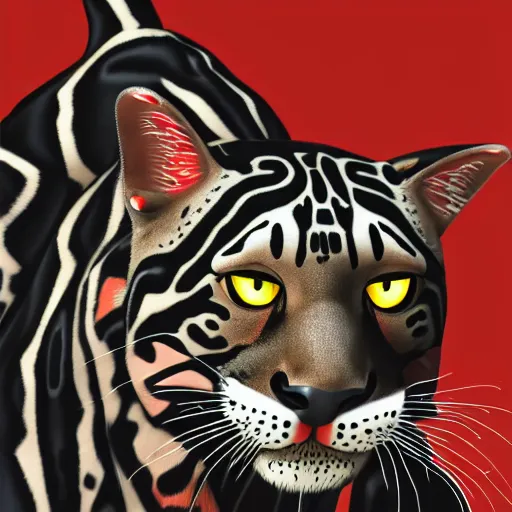 Image similar to profile shot of a black and red ocelot with black background, high contrast, octane render, abstract, 4k