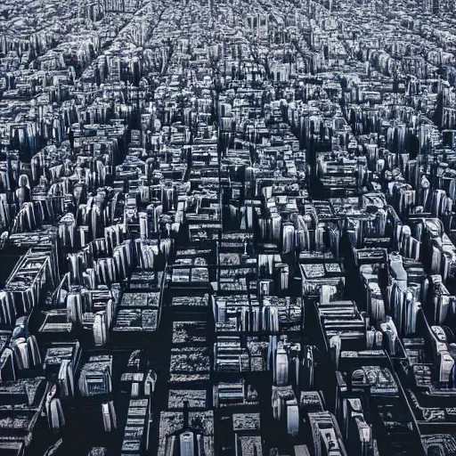 Image similar to airborne view apocalyptic city, buildings covered in shiny black liquid