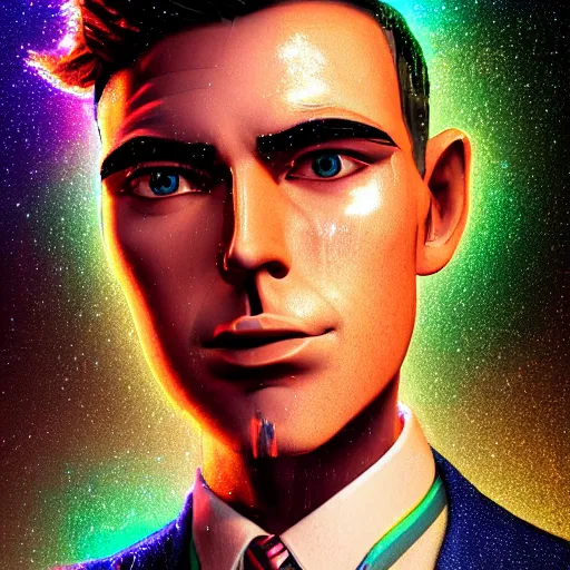 Prompt: epic cartoon portrait made out of rain, pinstripe suit, short hair, galactic background, rendered in octane, unreal engine, highly detailed, trending on artstation, realistic, splashes of neon, beautiful