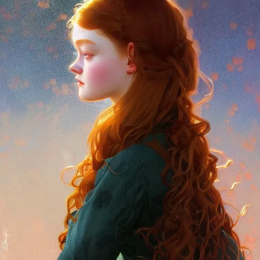 Image similar to beautiful natural Sadie Sink' intricate, elegant, highly detailed, digital painting, artstation, concept art, smooth, sharp focus, illustration, art by artgerm and greg rutkowski and alphonse mucha and loish and WLOP