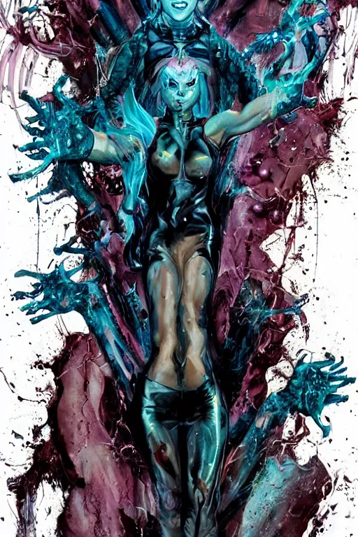Prompt: xmen comic art,Sprial an epic goddess with 6 arms dancing in the air,beautiful and terrifying,melting,full character design,8k,by Stanley Artgermm,Tom Bagshaw,Geoff Darrow,Carne Griffiths,Ron English,Linsey Levendall,trending on DeviantArt,face enhance,hyper detailed,minimalist,horror,full of colour,cinematic,dynamic lighting